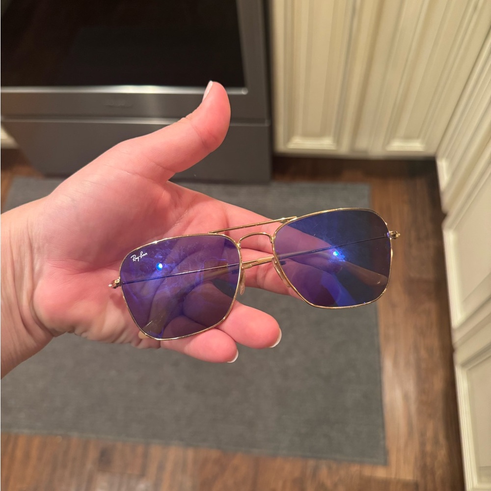 Ray-Ban Gold Frame Sunglasses with Blue Lenses
